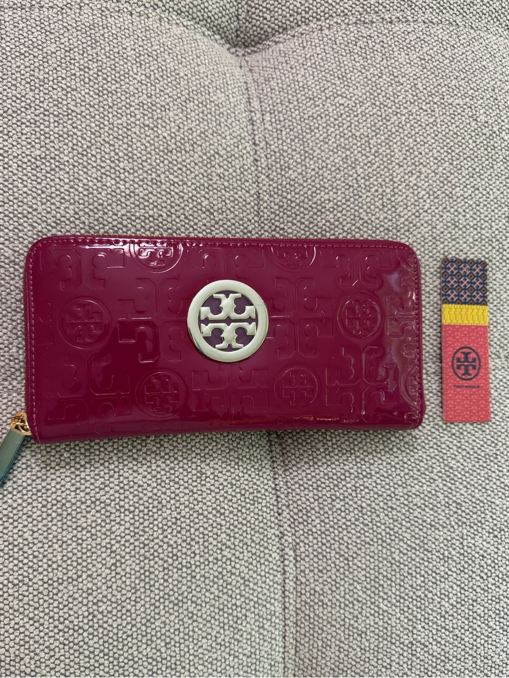 Tory Burch Patent Zip Wallet in Berry Red
